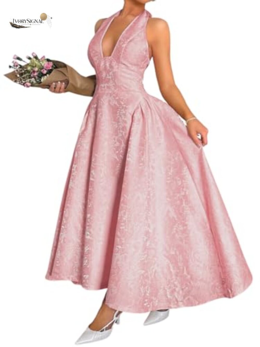 Jacquard maxi dress, V neck A line, halter corset pastel